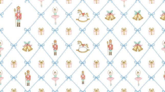 Vintage style seamless pattern with cute hand drawn toys and blue diamond grid on white background