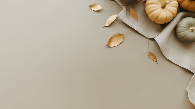 Autumn harvest arrangement with small pumpkins and dried leaves on a neutral fabric background. A minimalist and cozy composition, perfect for seasonal decoration