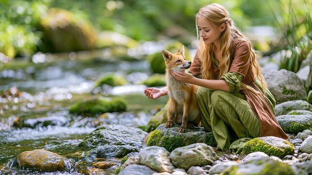 Fantasy Forest Nymph Petting a Small Red Fox by a Mountain Stream