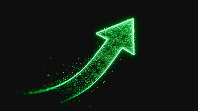 A glowing green particle arrow curves upward, symbolizing growth, progress and positive upward trends against a dark background.