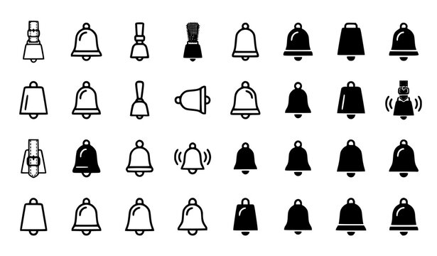 Cowbell vector icon collection with farm bell, strap, buckle, and ring symbols in outline and solid style