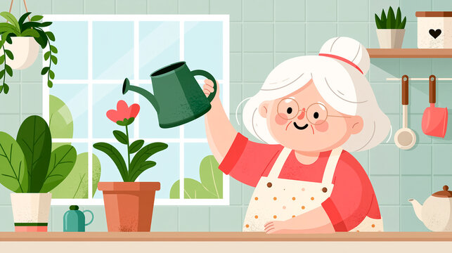 Cartoon elderly woman with a watering can in the kitchen, a flowerpot with a flower on the windowsill