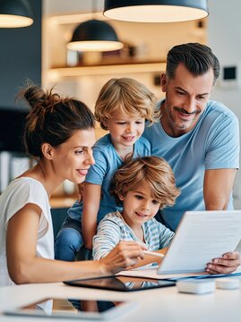 Happy family with children looking at documents for new home tenancy