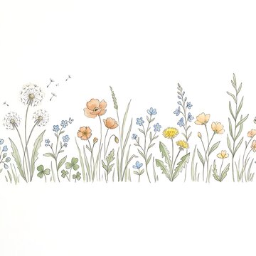 Watercolor illustration of a wild meadow border with delicate colorful wildflowers and green grass stems on white