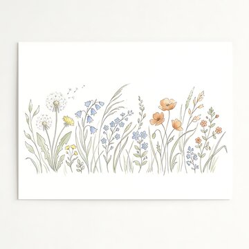 Delicate watercolor and ink illustration of a field of wild meadow flowers on a clean white background