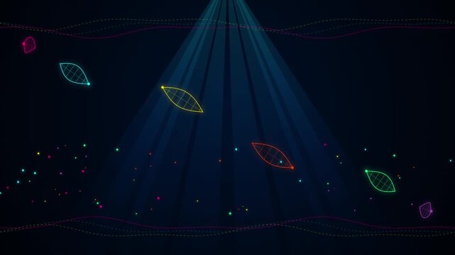 Glowing neon leaf shapes floating under a central spotlight beam on a dark blue background with colorful particle waves and shining light rays