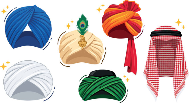Traditional Headwear Vector Set Featuring Indian Turbans Sikh Dastar Royal Pagri with Peacock Feather and Arab Ghutra Keffiyeh with Agal