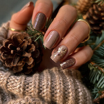 Manicure featuring beige and brown nails with holiday decorations