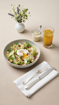Fresh salad with lettuce, bacon, croutons, Parmesan cheese, and a soft-yolk poached egg, accompanied by passion fruit juice and a flower pot.