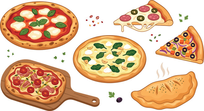 Delicious Pizza Vector Set Featuring Margherita Pepperoni Veggie Slices Calzone Spinach White Pizza and Flatbread on Wooden Board