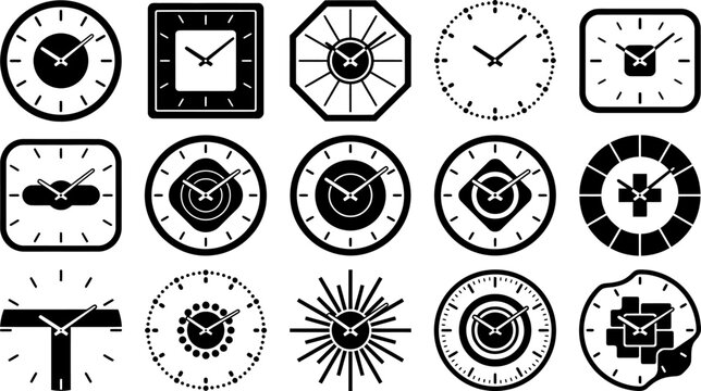 Set of various modern and classic wall clock designs with different shapes and styles