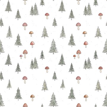 Seamless pattern with hand drawn sketch pine trees and abstract pink and orange floral elements on white