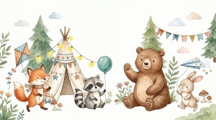 Fototapeta premium Watercolor Forest Animals Camping Illustration with Fox, Bear, Raccoon, and Rabbit in a Whimsical Woodland Setting