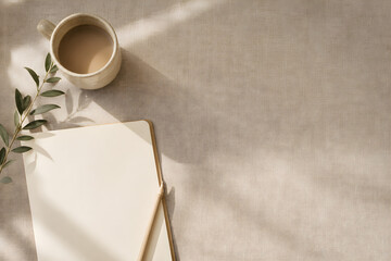 Minimalist flat lay composition on beige linen background with generous negative space