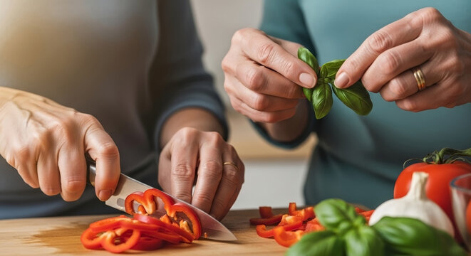 Senior hands preparing ingredients, slicing red bell pepper on wooden board. Mature hands busy preparing ingredients together, arranging fresh basil, ripe tomatoes, garlic.