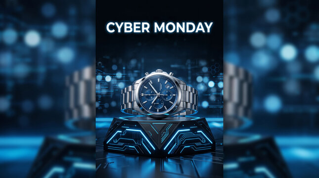 Cyber Monday luxury chronograph watch displayed on futuristic neon illuminated pedestal with digital background