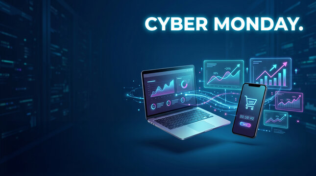 Cyber Monday digital marketing concept with laptop and smartphone displaying growth charts and sales data