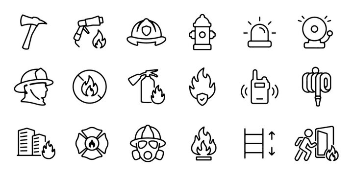 Firefighter Line Icon Set with Fire Safety, Fire Extinguisher, Hydrant and Emergency Symbols. Vector Illustration.