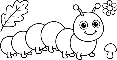 Fototapeta premium Cute Coloring Page Featuring a Happy Cartoon Caterpillar Crawling in Nature Next to a Flower Mushroom and Leaf for Kids Activity Books
