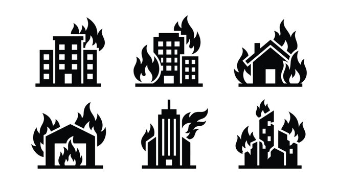 Burning buildings silhouettes depict structural fires and emergency situations in a stark black style architecture blaze building