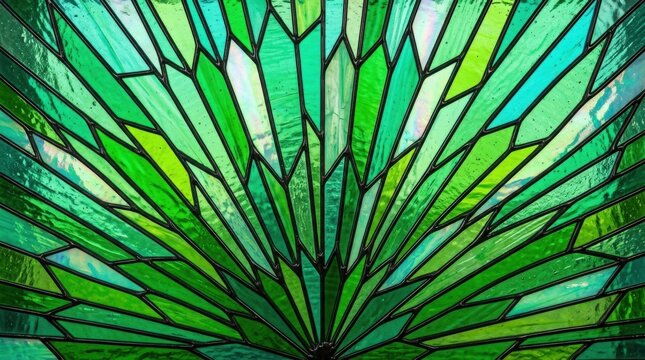 Fan shaped green stained glass panel with intricate radiating segments