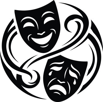 Black and white of comedy and tragedy masks in a circular theater drama