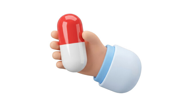 Clinician hand presenting large red white medication capsule for healthcare safety awareness.