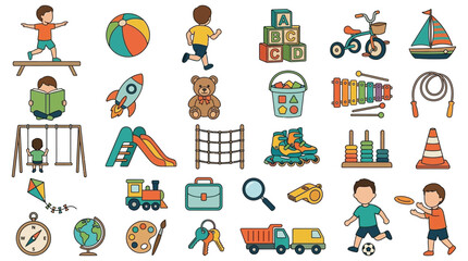 Naklejka premium Collection of colorful flat vector illustrations depicting childhood and recreational activities