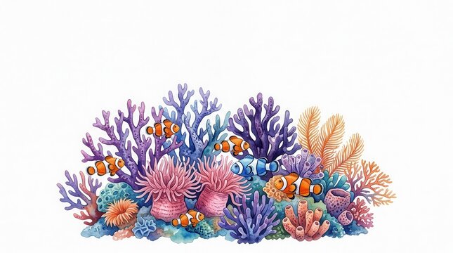 Watercolor Illustration of Vibrant Coral Reef with Clownfish and Sea Anemones Isolated on White Background