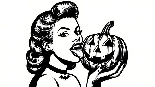 Pin-up vampire woman licking a carved Halloween pumpkin, combining spooky gothic themes with vintage horror elegance in a detailed black-and-white scratchboard engraving style.