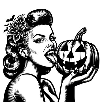 Pin-up vampire woman licking a carved Halloween pumpkin, combining spooky gothic themes with vintage horror elegance in a detailed black-and-white scratchboard engraving style.