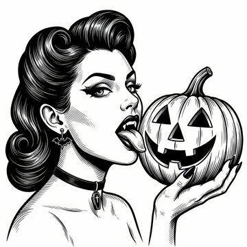 Pin-up vampire woman licking a carved Halloween pumpkin, combining spooky gothic themes with vintage horror elegance in a detailed black-and-white scratchboard engraving style.