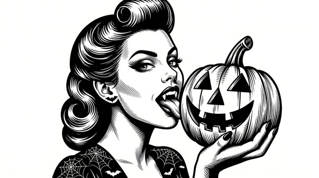 Pin-up vampire woman licking a carved Halloween pumpkin, combining spooky gothic themes with vintage horror elegance in a detailed black-and-white scratchboard engraving style.