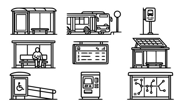 City bus stop passenger shelter vector icons set public transit line art collection