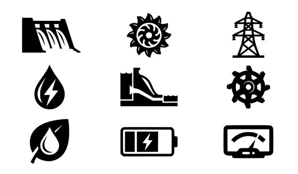 Hydroelectric power water dam energy vector silhouettes emblem set green electricity logo collection