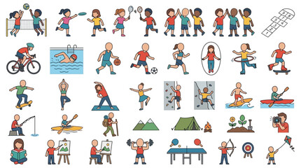 Fototapeta premium Collection of flat vector illustrations depicting various recreational activities