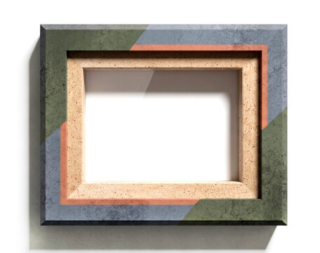 empty decorative picture frame featuring a multi-layered, geometric design with a speckled, light-wood inner molding and an outer border styled in muted blocks of green, grey-blue, and terracotta