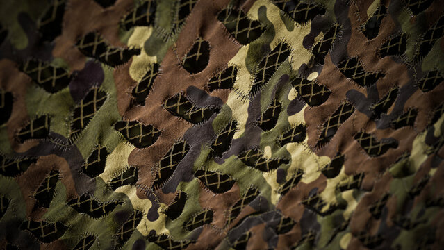 Military camouflage mesh texture background. Dark, brown and green material surface backdrop. Army style camo netting for camping, fishing and hunting. Hiding, staying safe in the forest. Copy space