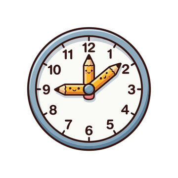 Cute cartoon wall clock with pencil hands showing time for school and education concepts