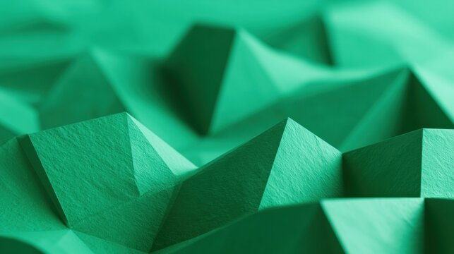 Green origami folded surface displays geometric facets in a modern style with a paper-like texture featuring open space