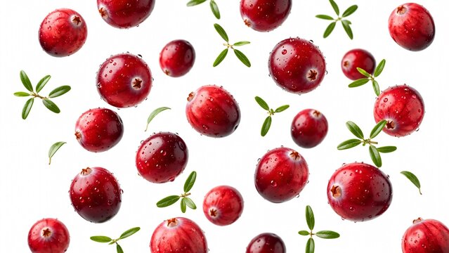 Fresh red cranberries with green leaves and water drops falling against clean white background space.