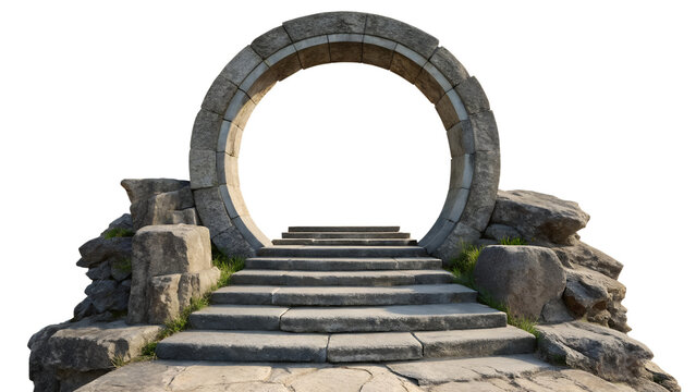 Ancient Stone Archway Portal with Steps Cutout Isolated White Background