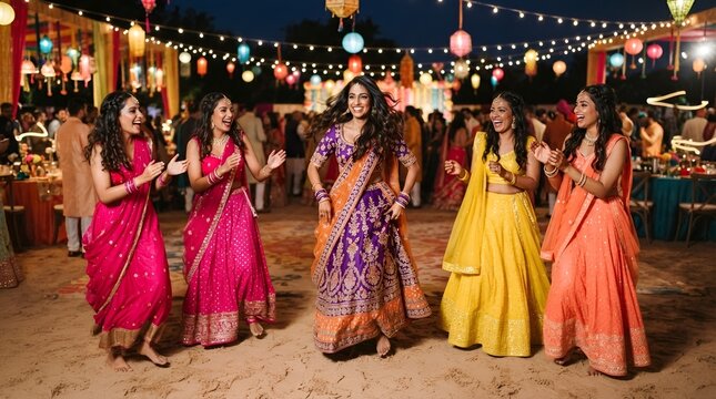 Group of indian women dancing in traditional attire at a festive celebration