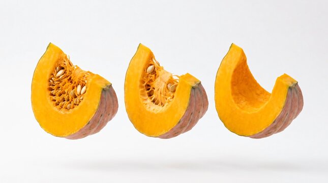 Three curved pumpkin wedges showing the step by step process of removing seeds and cleaning the pulp.