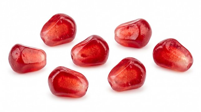 Fresh pomegranate seeds isolated on white background showing vibrant red fruit arils for nutrition.