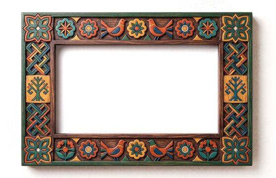 wooden picture frame featuring colorful folk art carvings, floral motifs, and stylized bird figures