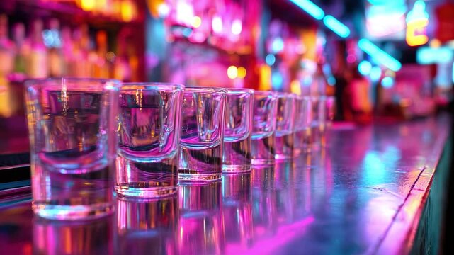 A row of glass shot glasses on a glossy bar counter under the neon lights of a nightclub. Party concept, nightlife, alcoholic drinks