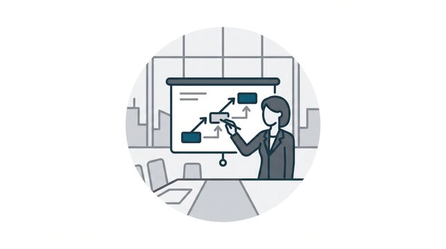 Business strategy presentation in office meeting room with project manager explaining workflow chart corporate planning boardroom presentation business training presentation professional