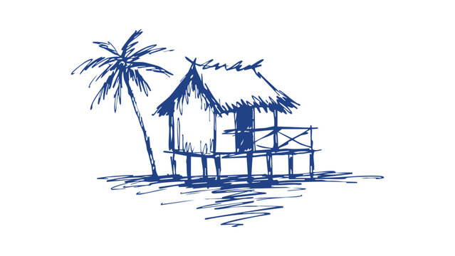 Hand drawn sketch of a tropical beach hut with palm