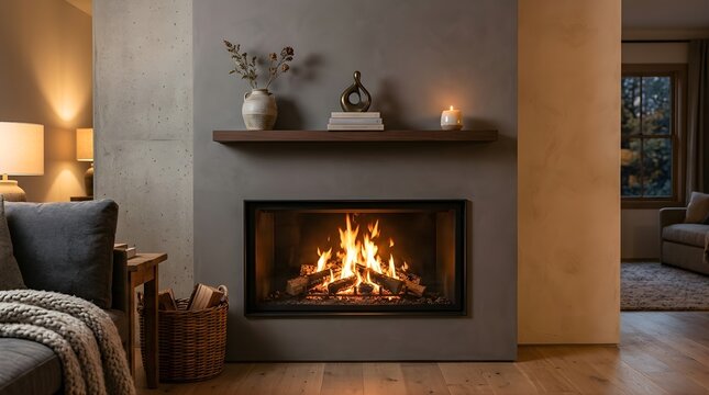 Modern living room interior featuring a cozy fireplace with warm flames
